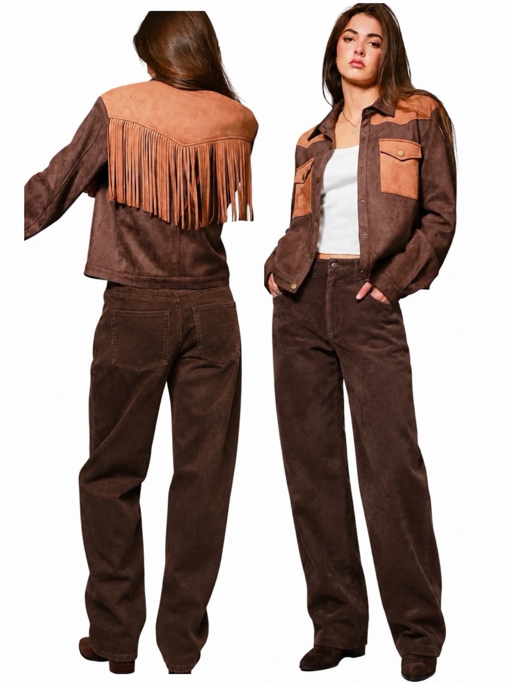 NEW Blue b Copper Dark Brown Faux Suede Allover Chevron Fringe Snap Up Jacket
